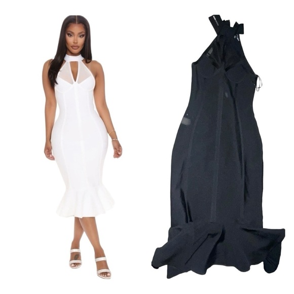 FASHION NOVA Black Halter Neck New Era Bandage Bodycon Midi Cocktail Dress Small - Picture 1 of 7